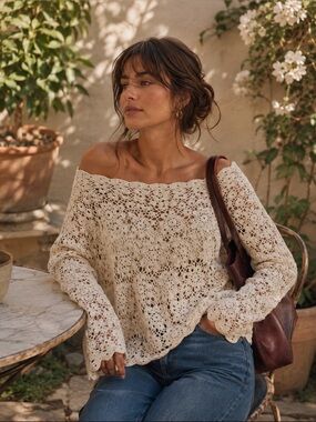 Y2K Crochet Openwork Cream Sweater